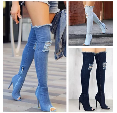 Fish Mouth Elastic High Heel And Long Tube Denim Boots 123456