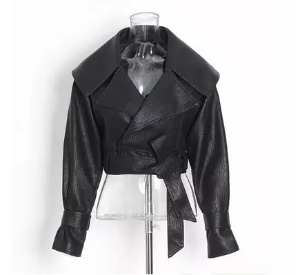 Fashion Short PU Blazer Jacket Notched Bow Tie Short Leather Jacket Coats of003849