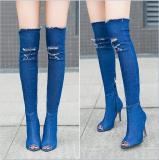 Fish Mouth Elastic High Heel And Long Tube Denim Boots 123456