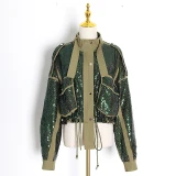 Women Sequin Loose Stand Collar Epaulet Pockets Drawstring Tunic Jacket Coats OF1678293