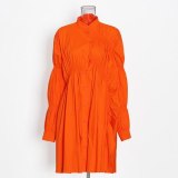 Personality  Single Breasted Puff Sleeve Solid Loose Pleated Irregular Shirts Dresses OF1698293