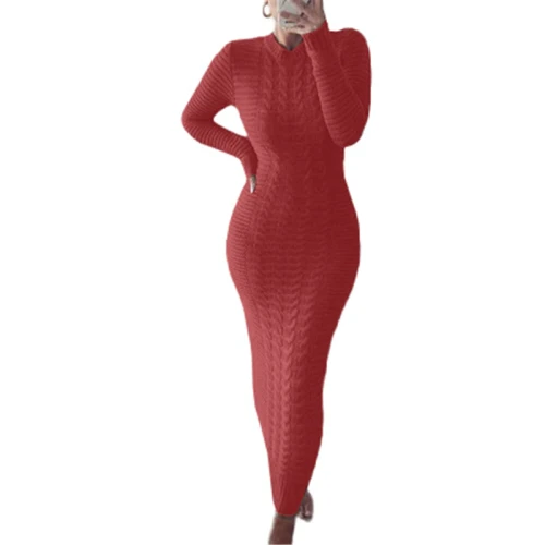 Fashion Knitted Ribbed O Neck Long Sleeve Bodycon Dresses 280819