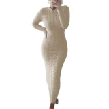 Fashion Knitted Ribbed O Neck Long Sleeve Bodycon Dresses 280819