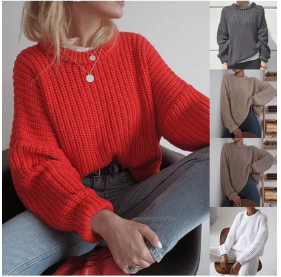 Women Loose Knitted Sweater Solid Color O Neck  Long Sleeve Sweater 82334