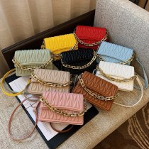 Women's Soft PU Leather Solid Color Thick Chain Pleated Shoulder Handbags 88-983243