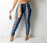 Autumn Women Cross Bandage High Waist Skinny Jeans Pants LD8102637