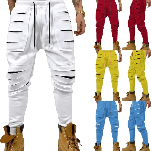 New Style Ripped Drawstring Personality Trend Slim Pants Sweatpants