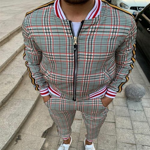 Retro Style Sports And Leisure Striped Plaid Suit Men's Zipper  Outfit Outfits TZ-211526