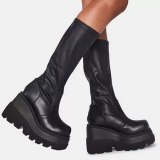 Autumn Winter Black Pu Leather Thick Bottom Lace Up Knee High Boots YN-589910