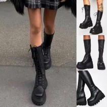 Autumn Winter Black Pu Leather Thick Bottom Lace Up Knee High Boots YN-589910