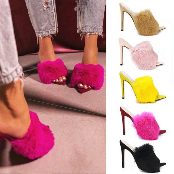 Fashion Women 11cm High Heels Fur Slippers 2667-34