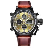 Men Leather Band Dual Time Digital Quartz Wristwatches 300314