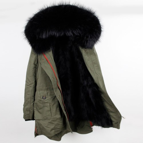 Large Natural Raccoon Fur Hooded & Lining Camouflage Long Parka Coats