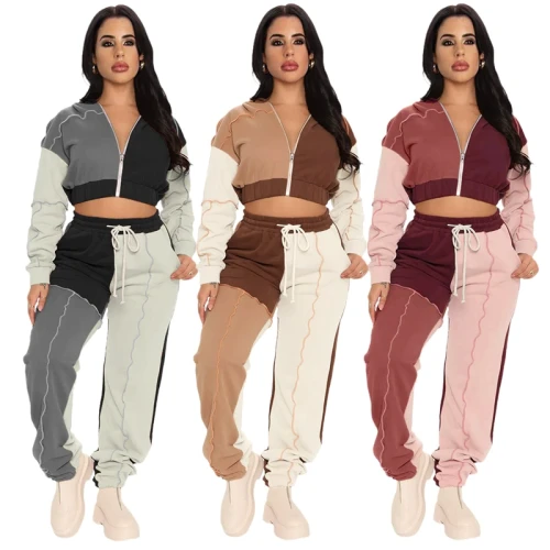 Patchwork Long Sleeve Cropped Hoodies Lace Up Sweatpants Tracksuit Sets GL6521