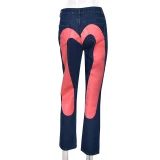 Women Low Rise Fall Colorblock Graphic Jeans Pants 8088DF