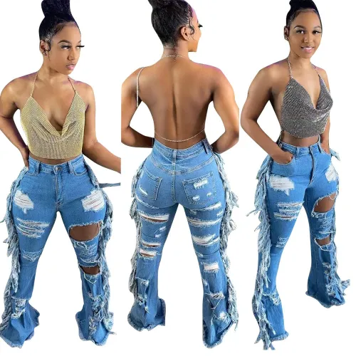 Hollow Out Ripped Jeans for Women Sexy Hole Tassels Denim Pants D8436
