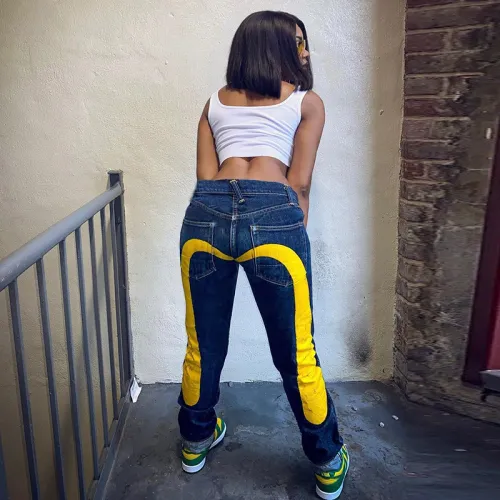 Women Low Rise Fall Colorblock Graphic Jeans Pants 8088DF