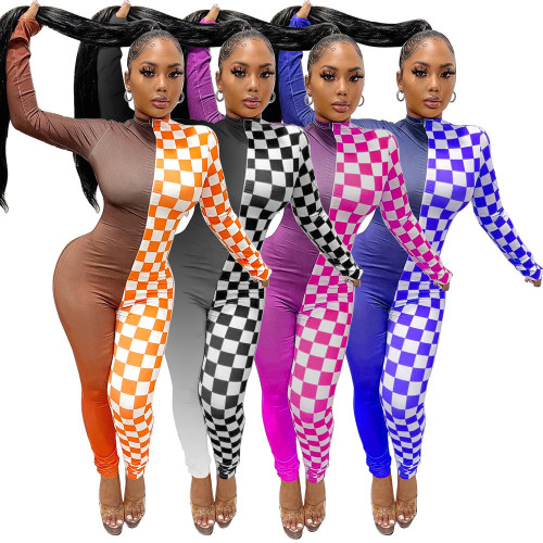 Sexy Geometric Patchwork Skinny Zip Stretchy Jumpsuit  Bodysuits Outfit Rompe K10002