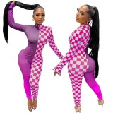 Sexy Geometric Patchwork Skinny Zip Stretchy Jumpsuit  Bodysuits Outfit Rompe K10002