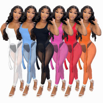 Sexy Mesh Solid Color Belt Vest+Pencil Pant Bodysuit Bodysuits W8280