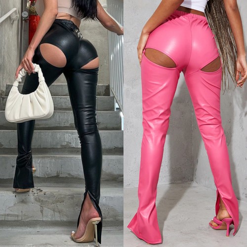 Sexy Hollow Out ASS Elastic PU Leather Pant K21PT598