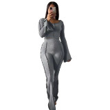 Sexy Cropped Outfits Solid Color Women Two-piece Set Tracksuit Tees And Flare Pants  xky9303