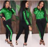 Winter Sequin 2 Piece Set  Women Tracksuit Long Sleeve Jacket Top Pants Suit  Outfits  Q5148