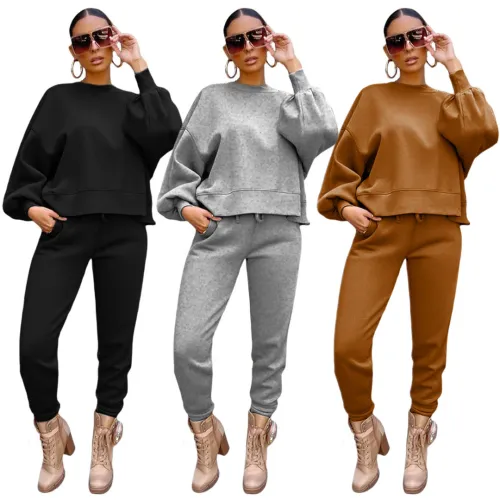YL6013 loose top with skinny pants plus fleece sweatshirt two piece Set & 2 piece sets