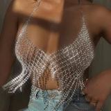 Shiny Rhinestone Bikini Mesh Body Chain Bra Multi-layer Tassel Nightclub Tops