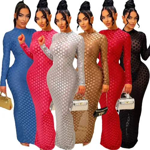AJ4409 Fashionable Grid Round Neck Slim Fit Dress Long Dress