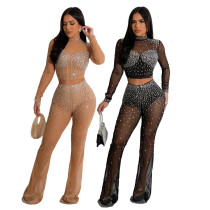 European and American women's clothing  Fashion women's clothing  Two piece women's clothing set  Hot Diamond Perspective Set  Fashionable round neck long sleeved top