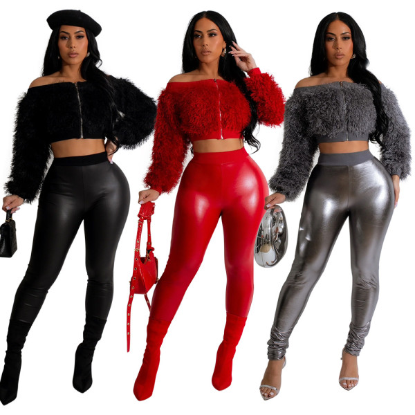 CY901053 Women's clothing  Two piece clothing set  Fashionable one shoulder long sleeved fur short top paired with slim fitting pants two-piece set for women