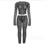 DA2312121  Women's clothing  Sexy set  Perforated hollow perspective high waisted and navel exposed slim fit pants set