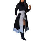 S10608 Women's clothing  Two piece set  Slim fit long sleeved small high neck plaid split midi long skirt