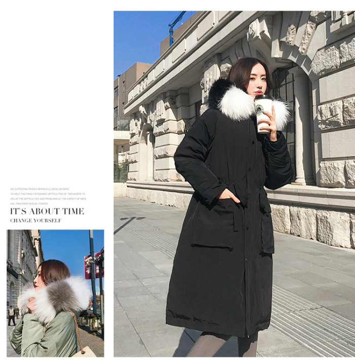 New product loose fat MM plus size bean green real raccoon fur collar thick down jacket