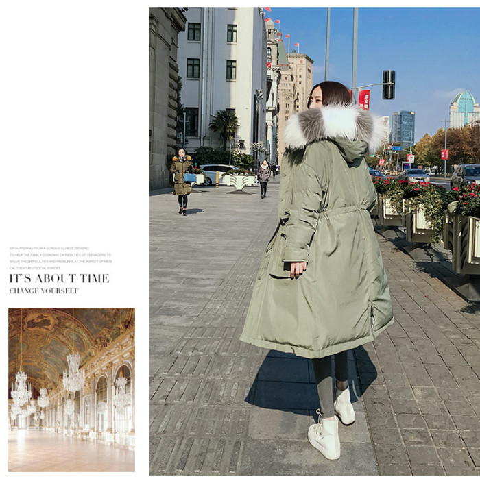New product loose fat MM plus size bean green real raccoon fur collar thick down jacket