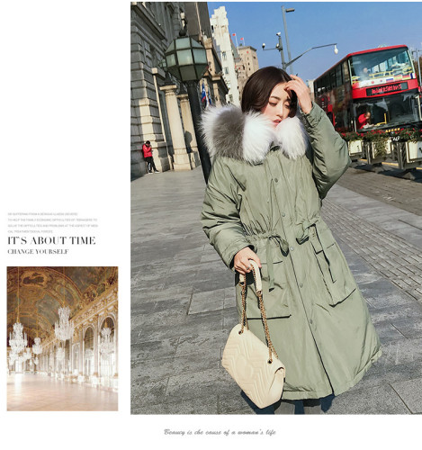 New product loose fat MM plus size bean green real raccoon fur collar thick down jacket