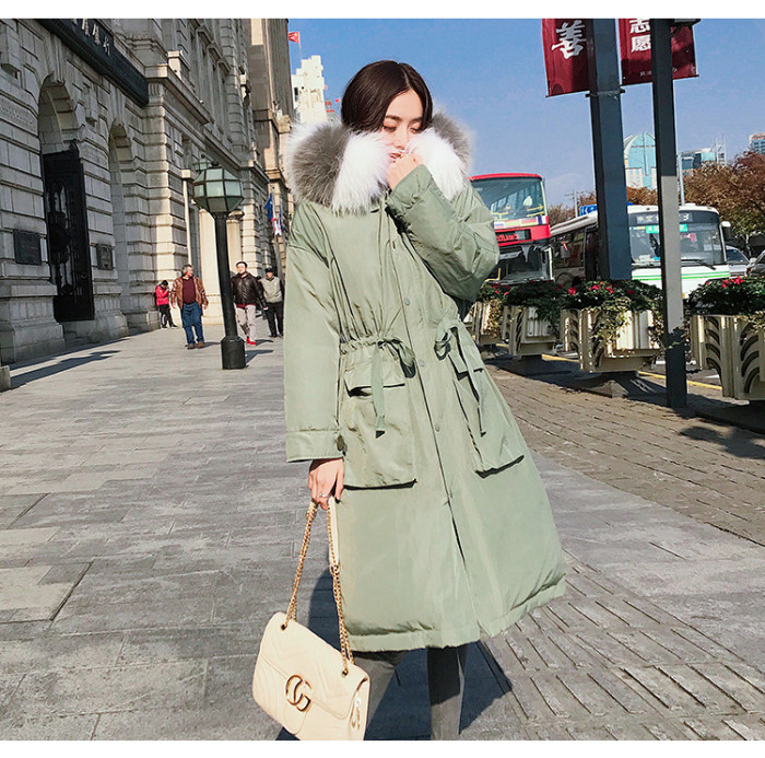 New product loose fat MM plus size bean green real raccoon fur collar thick down jacket