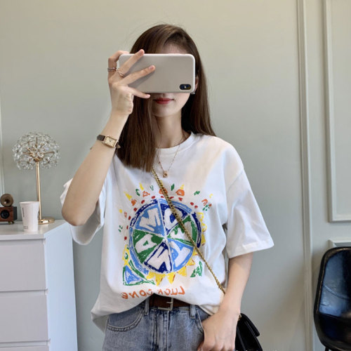 High-quality cotton short-sleeved t-shirt women 2021 new spring and summer macaron color printing graffiti age reduction loose top