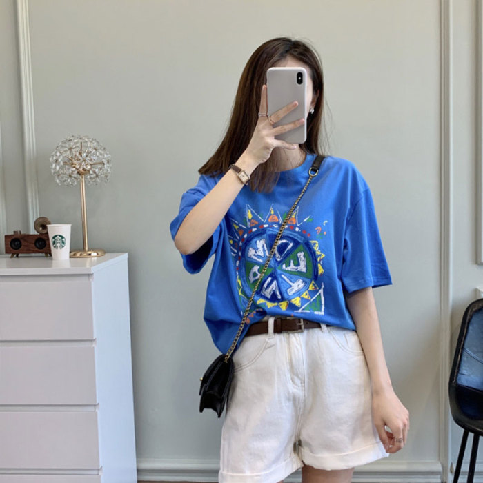 High-quality cotton short-sleeved t-shirt women 2021 new spring and summer macaron color printing graffiti age reduction loose top