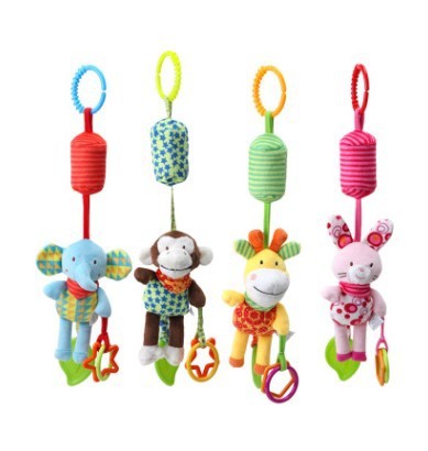 Animal teether pendant bed bell plush baby soft rattle sticks soothing toys