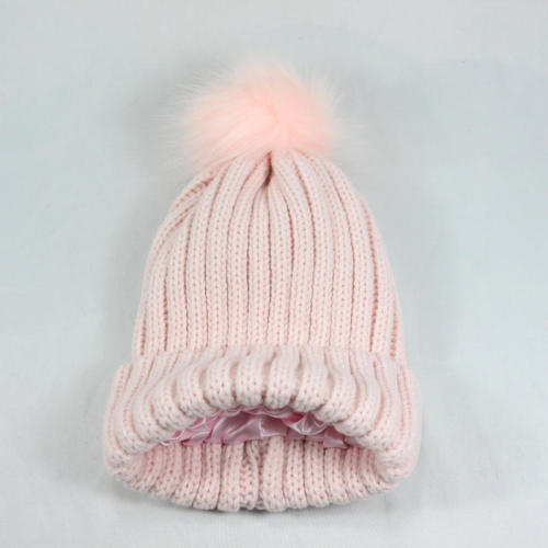 Wholesale Winter Warm Knitted Hats Caps Blank Custom Logo Satin Lined Beanie Hat for Women