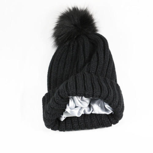 Wholesale Winter Warm Knitted Hats Caps Blank Custom Logo Satin Lined Beanie Hat for Women