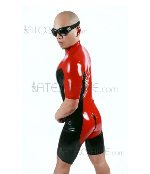 Red Black Front Zipper Men's Latex Surf Suit