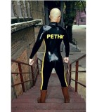 Black Men's Catsuit with Yellow Straps and Words