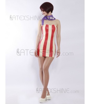Red Stripes Pattern Strapless Women's Latex Dress With Scarf
