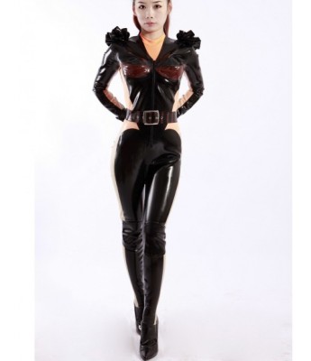 Sexy Latex Catsuit with Ruffled Shoulders