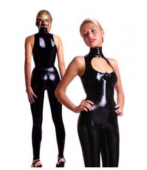 Black Sexy Latex Catsuit - Off Shoulder, High Colloar and Low-cut Latex Catsuit