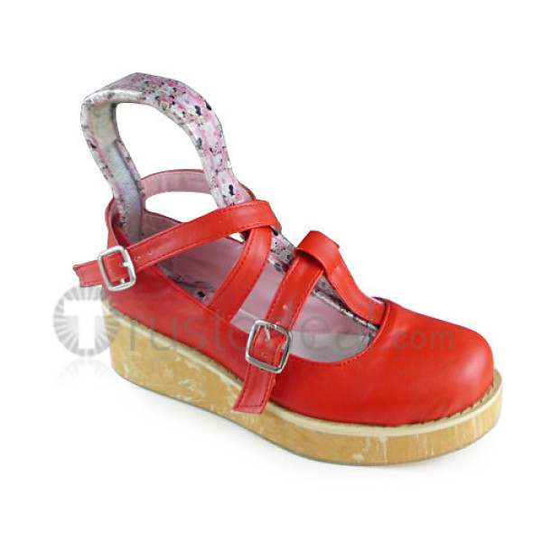 Matte Red Crossed Straps Wood Sole Lolita Shoes