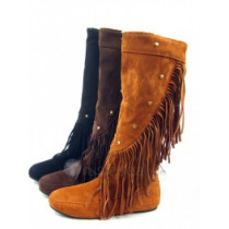 Top quality PU leather flat heel pumps top fold with lay fring side knee boots (D1072)